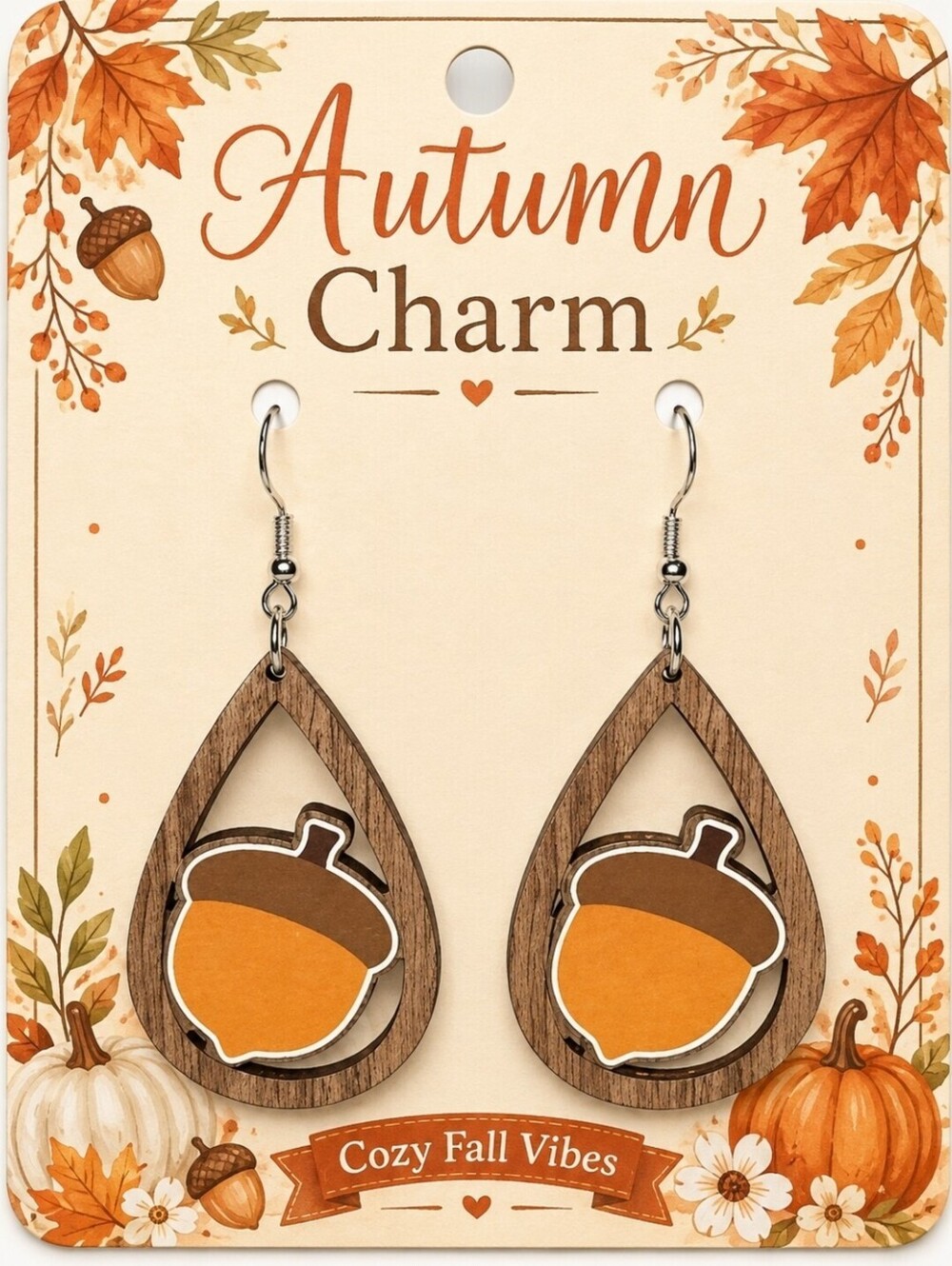Thanksgiving Fall Harvest Acorn Wood Teardrop Earrings